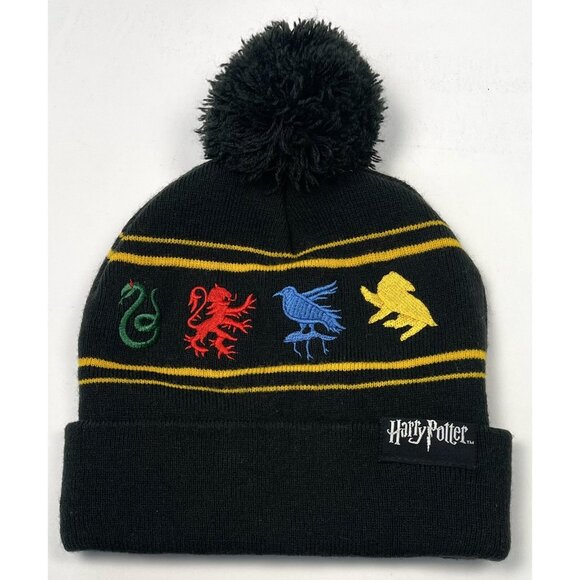 Adult ONE SIZE Black Embroidered HARRY POTTER Hogwarts Pom Pom WINTER CAP Beanie - Picture 6 of 8